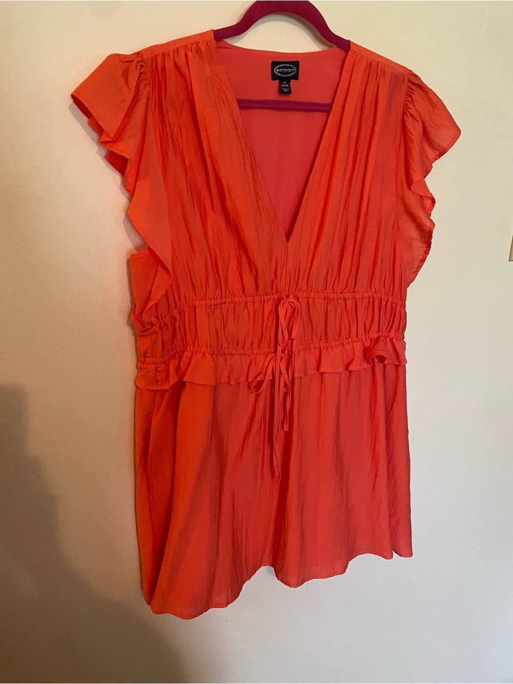 Coral-Red V-Neck Ruffle Tie-Waist mini dress
